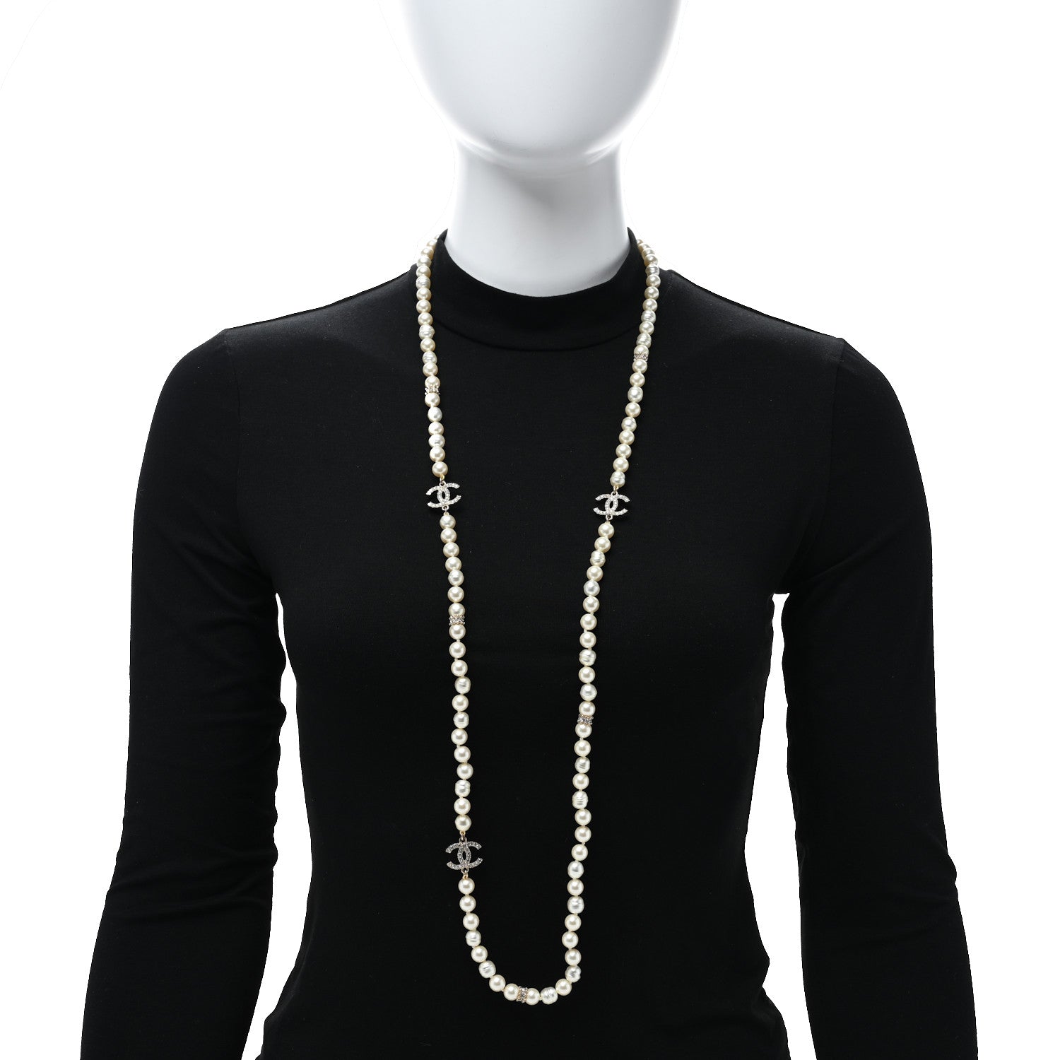Chanel Pearl Crystal CC Long Necklace Gold 3 of 5