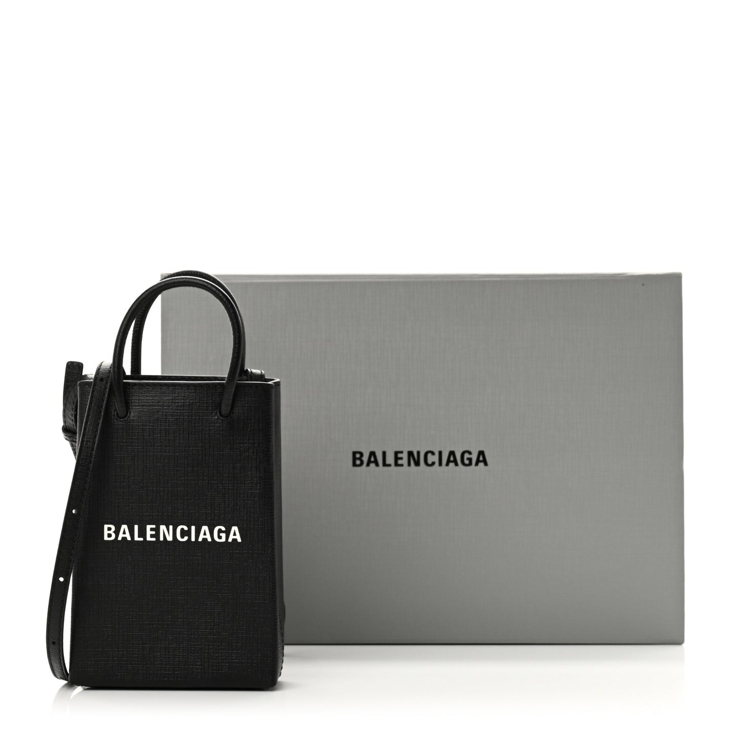 Squared Calfskin Logo Shopping Phone Holder Bag Black