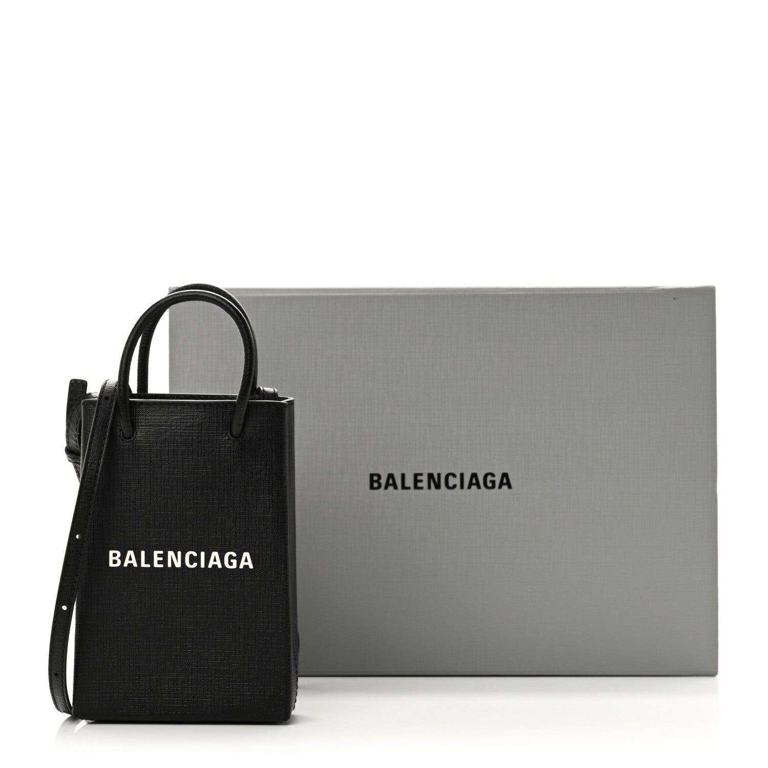 Balenciaga Squared Calfskin Logo Shopping Phone Holder Bag Black 10 of 10