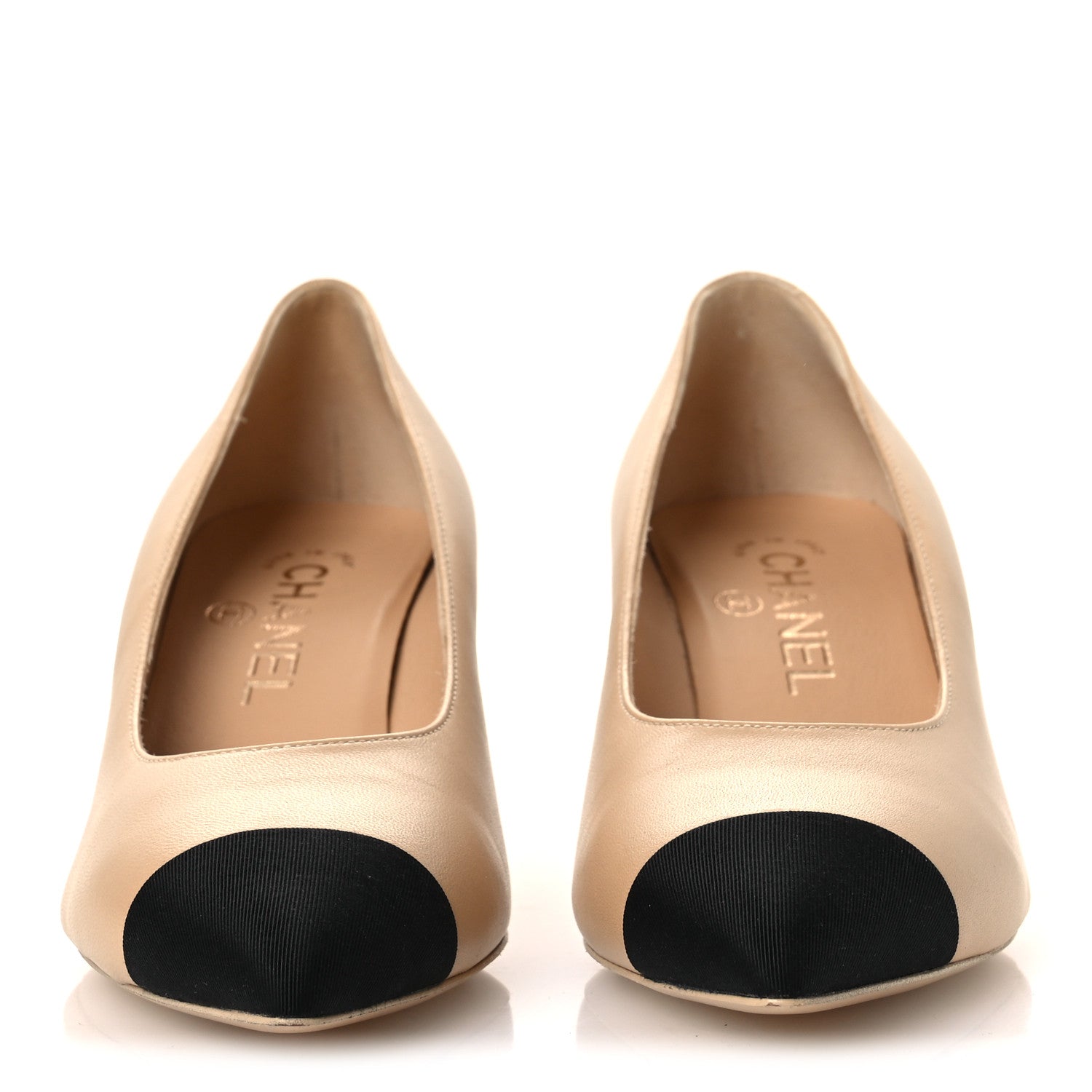 Chanel Lambskin Grosgrain Cap Toe CC Pearl Pumps 36.5 Beige Black 3 of 11