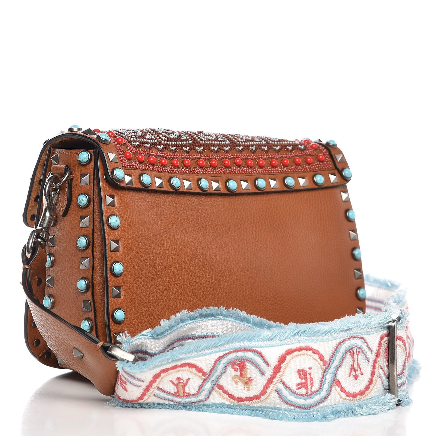 Calfskin Embroidered Medium Guitar Strap Rockstud Rolling Flap Saddle Bag Light Cuir