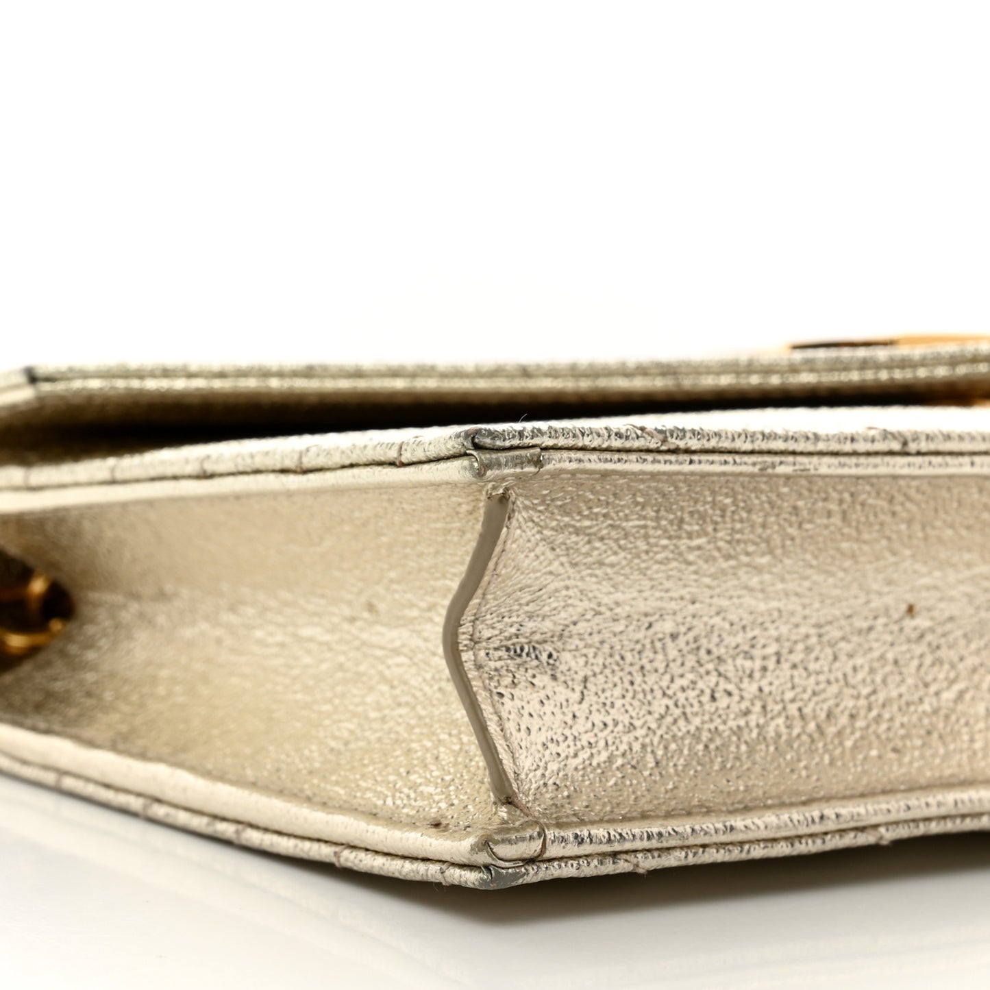 Metallic Crackled Calfskin Matelasse Chevron Monogram Envelope Chain Wallet Gold