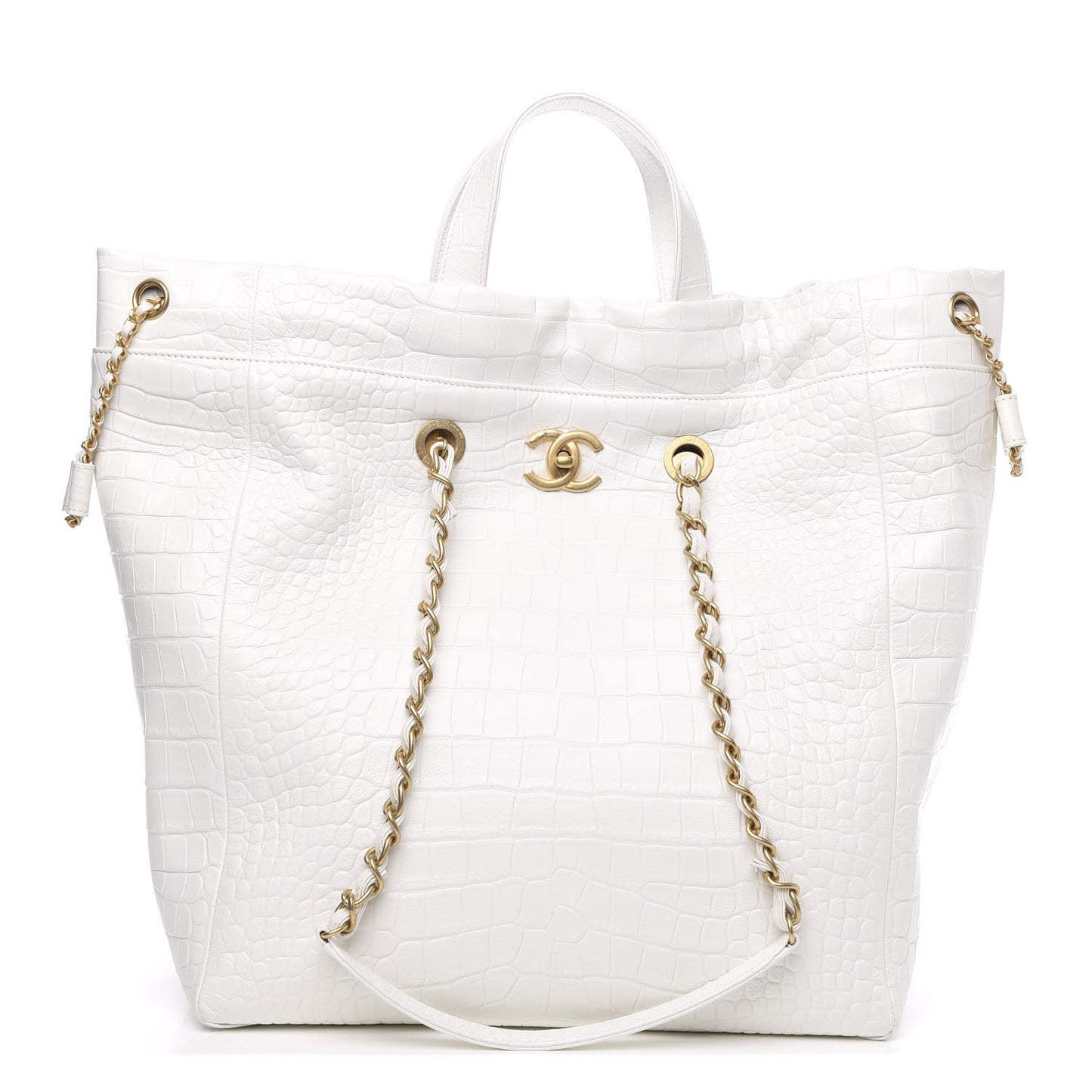 Calfskin Crocodile Embossed Large Cocodile Shopping Tote White