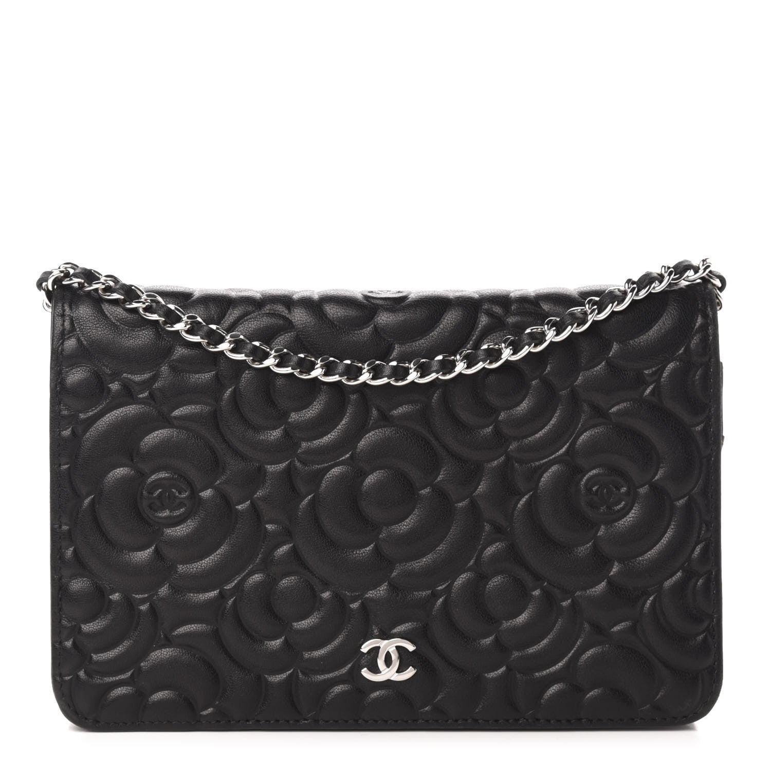 Chanel Goatskin Camellia Embossed Wallet on Chain WOC Black 1 of 10