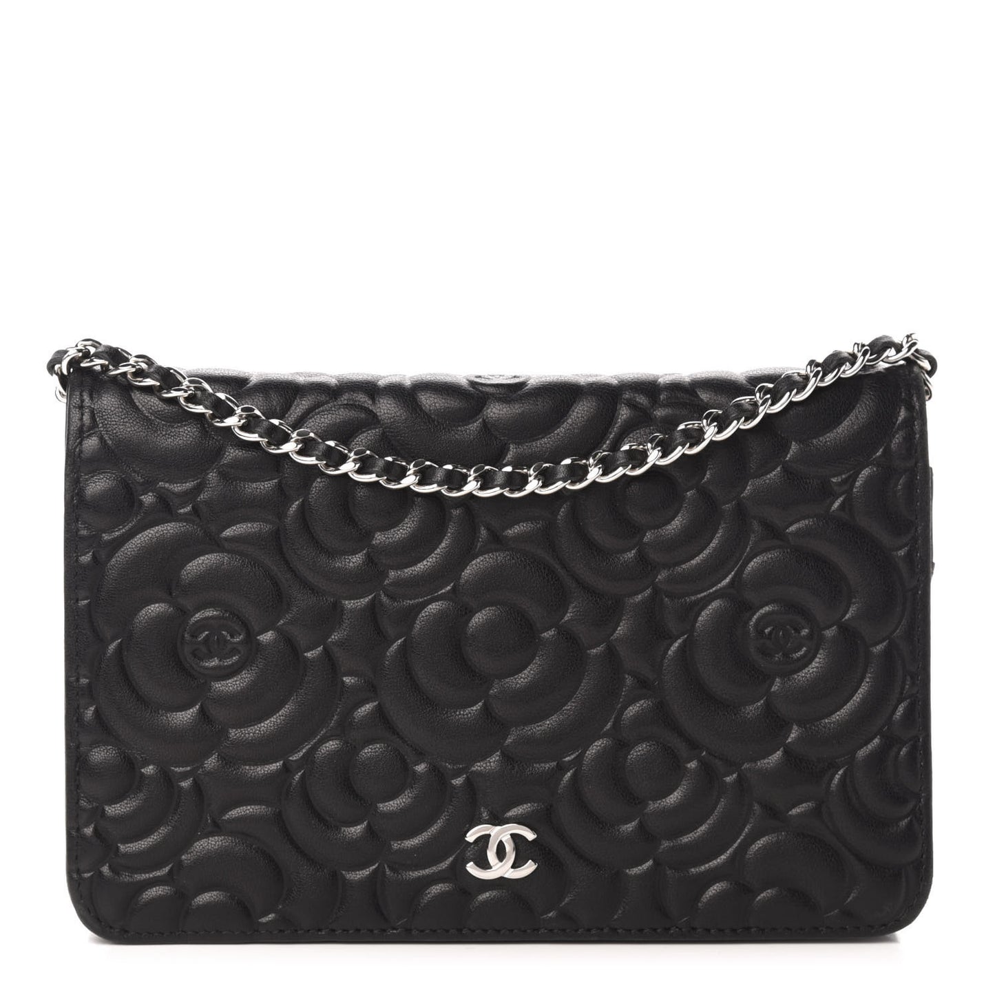 Goatskin Camellia Embossed Wallet on Chain WOC Black