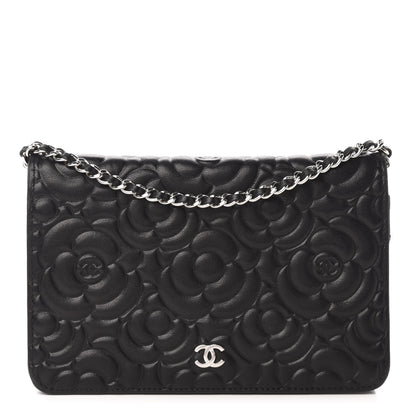 Chanel Goatskin Camellia Embossed Wallet on Chain WOC Black 1 of 10