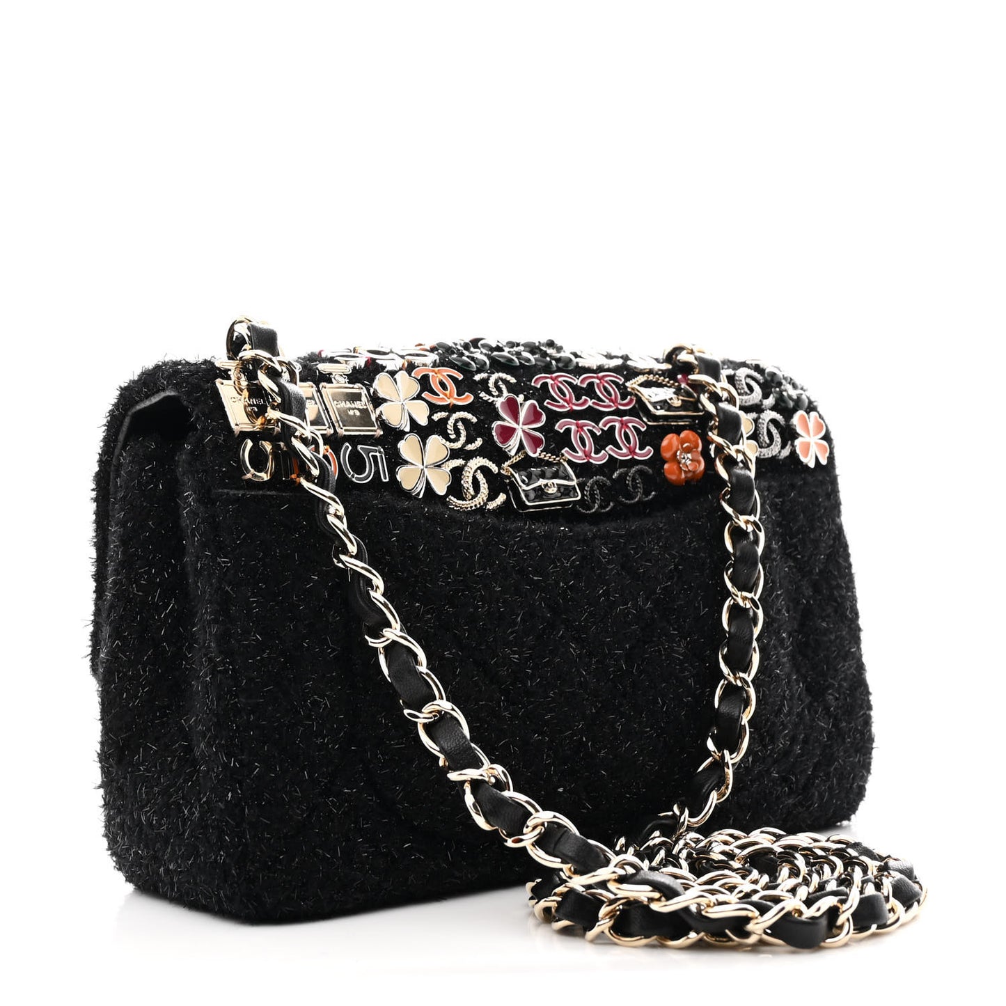 Boucle Tweed Enamel Charms Mini Rectangular Flap Black