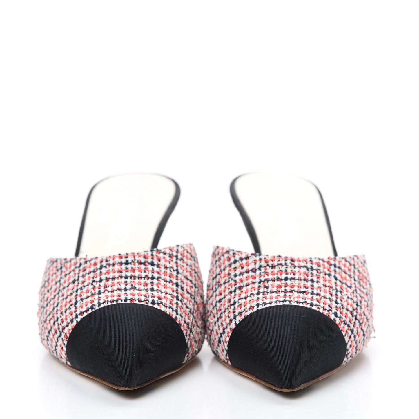 Tweed Grosgrain Pearl Cap Toe Mules 38 Black Red