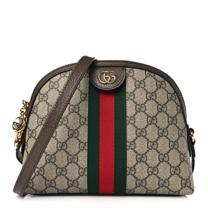 Gucci GG Supreme Monogram Textured Dollar Calfskin Web Small Ophidia Dome Shoulder Bag Beige Ebony New Acero 1 of 9