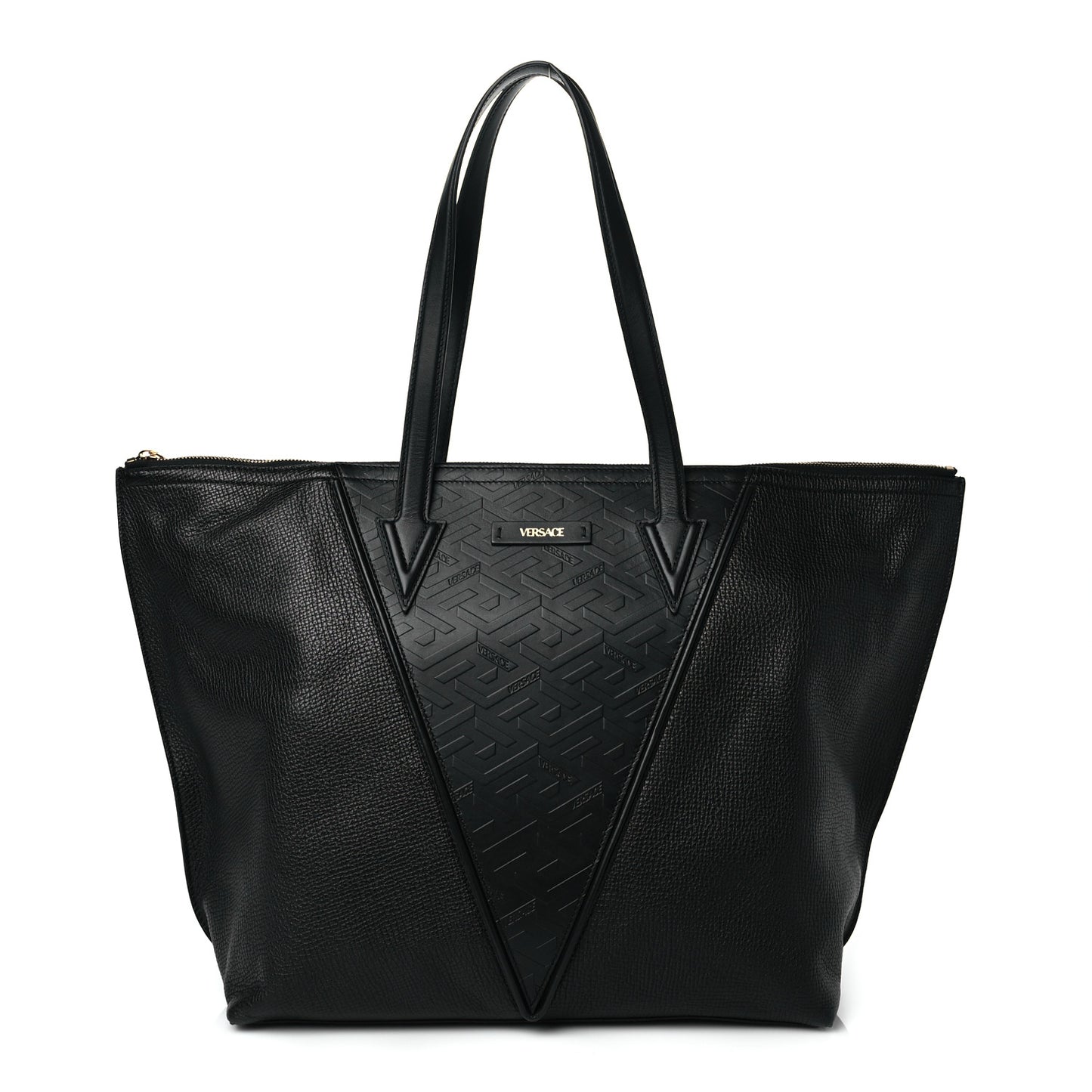 Grained Calfskin Large V Greca Signature Tote Bag Black