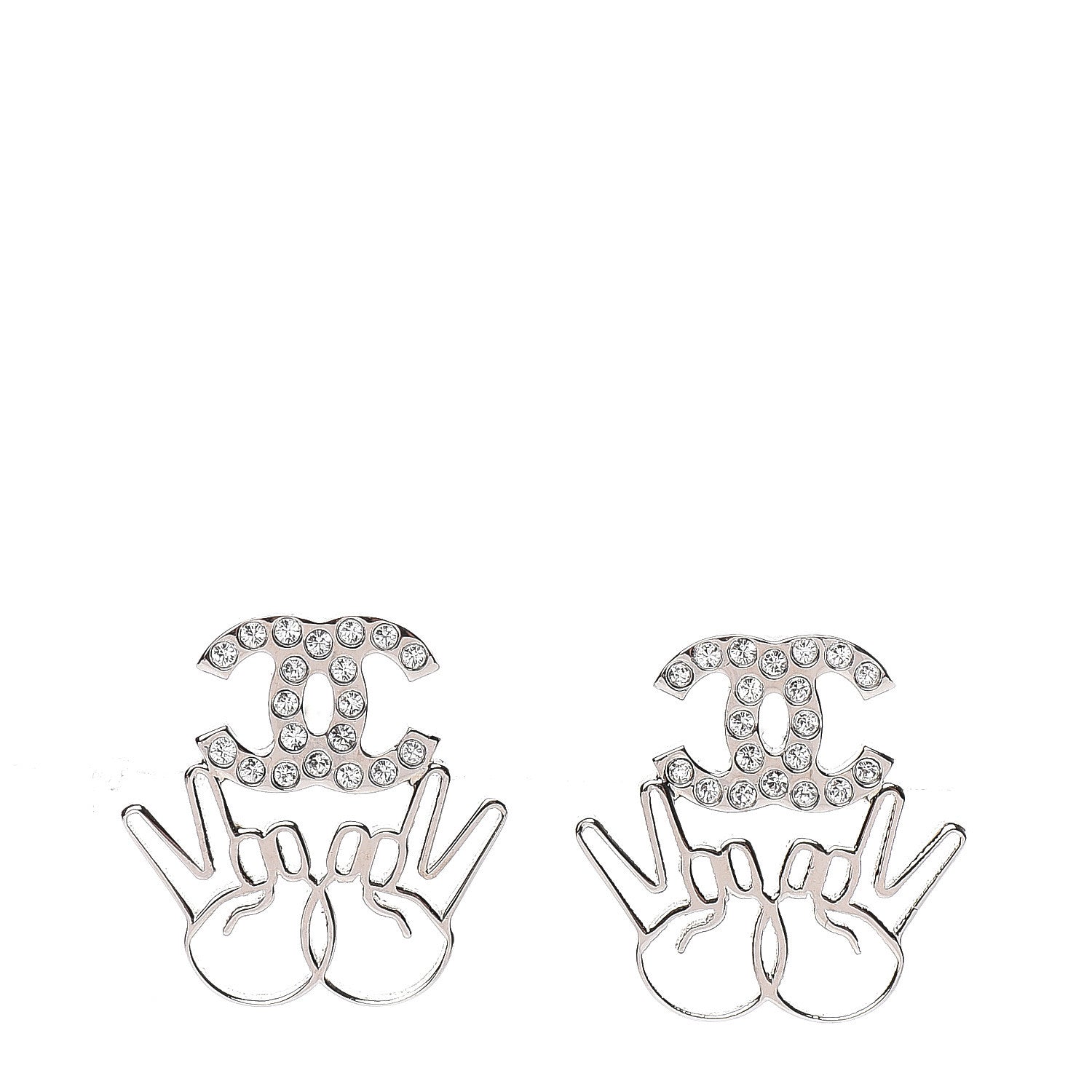 Chanel Crystal CC Peace Sign Emoji Earrings Silver 1 of 5