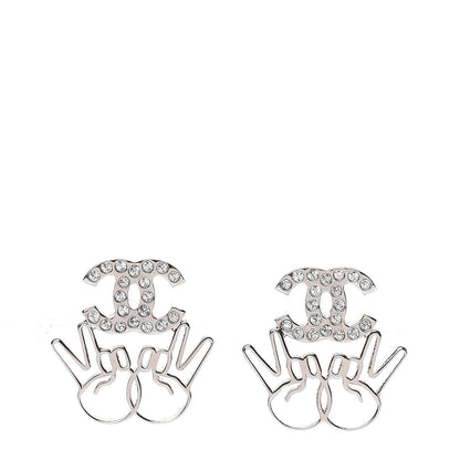 Chanel Crystal CC Peace Sign Emoji Earrings Silver 1 of 5