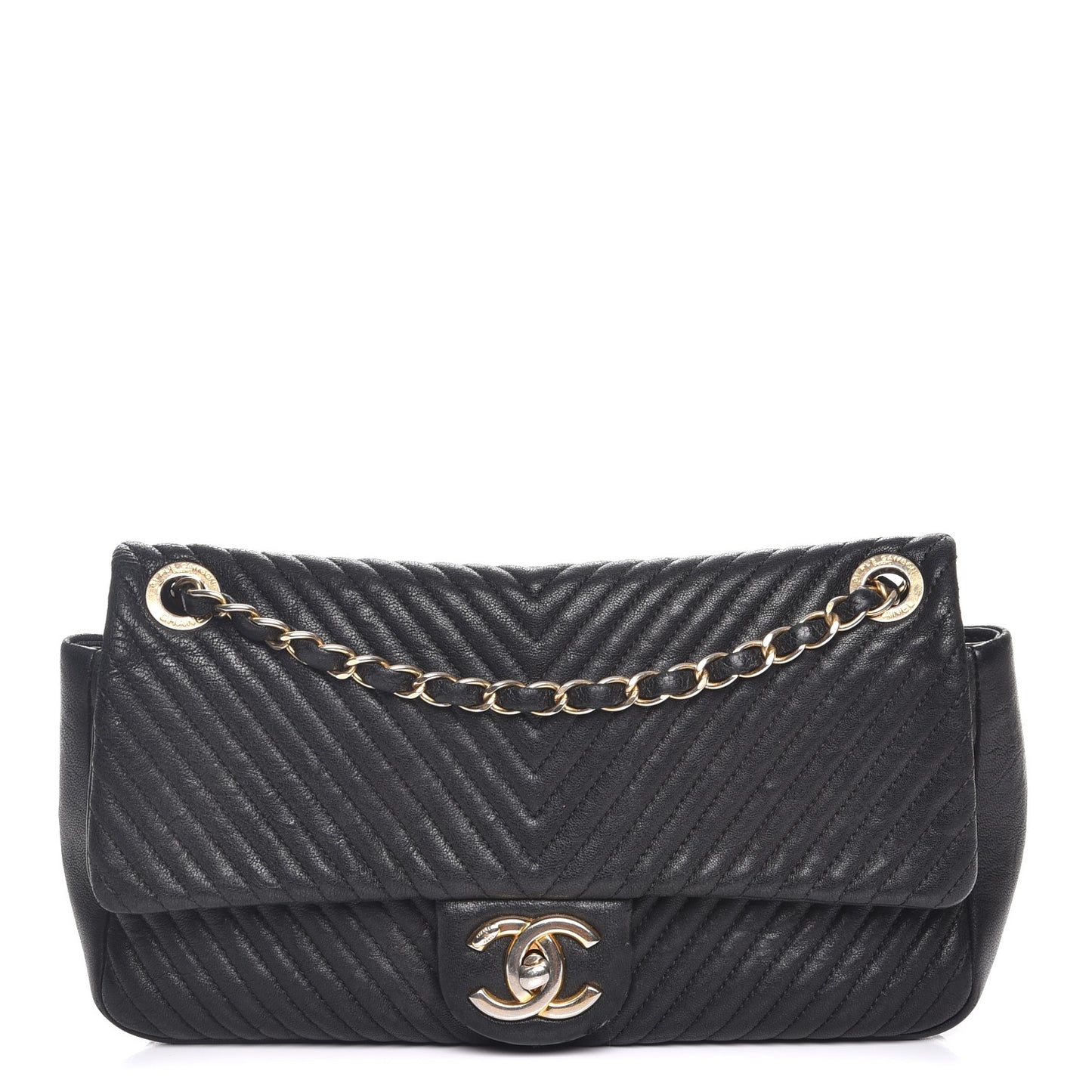 Calfskin Chevron Quilted Medium Surpique Flap Black