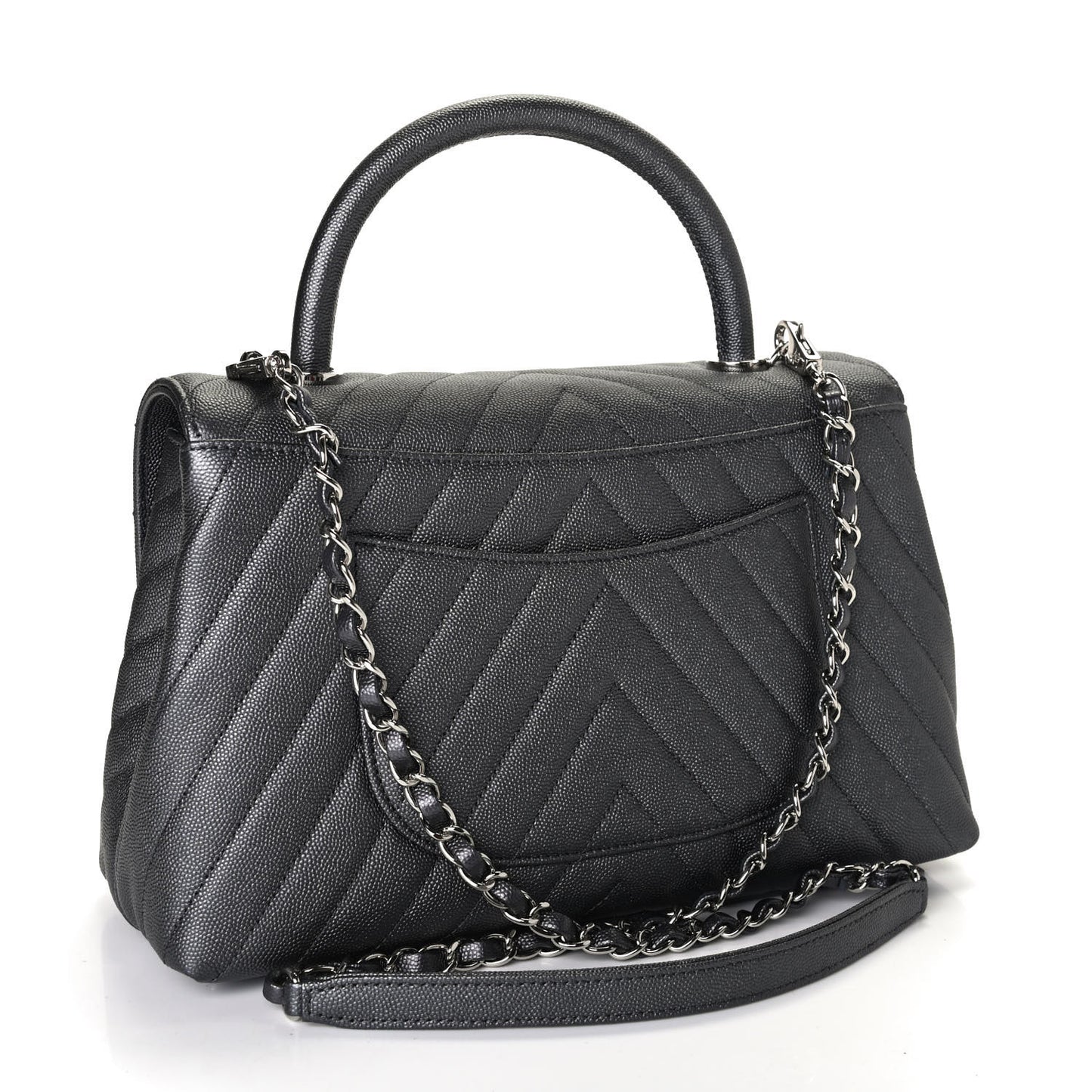 Iridescent Caviar Chevron Quilted Small Coco Handle Flap Black