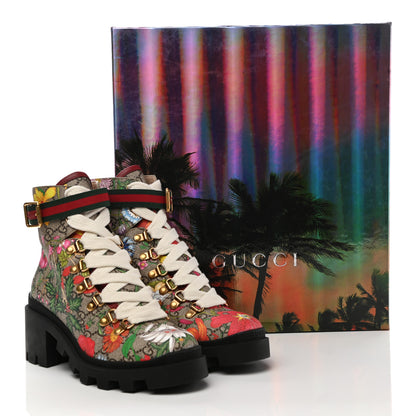 Gucci GG Supreme Monogram Flora Lace Up Combat Ankle Boots 36 Beige Multicolor Red 9 of 9
