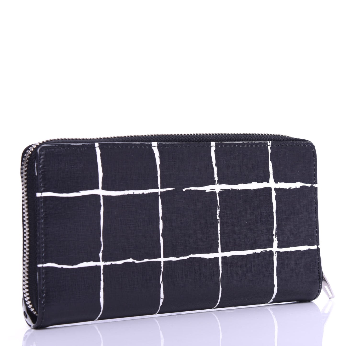 Saffiano Square Check Continental Zip Around Wallet Black White