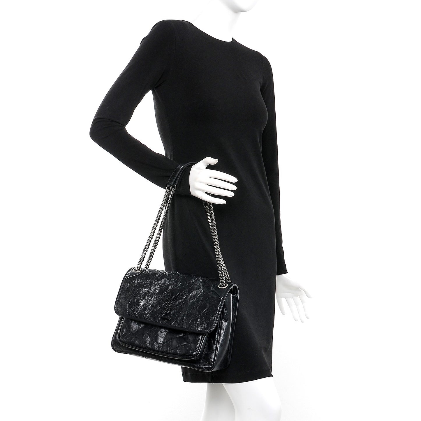 Crinkled Calfskin Matelasse Monogram Medium Niki Chain Satchel Black