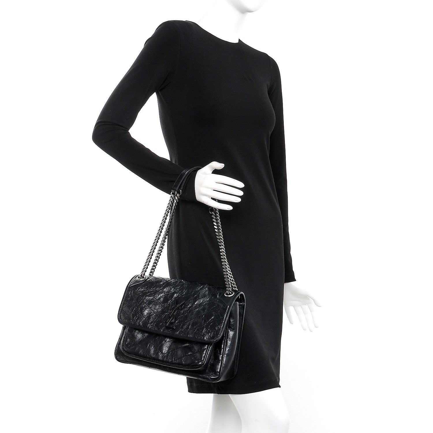 Saint Laurent Crinkled Calfskin Matelasse Monogram Medium Niki Chain Satchel Black 2 of 7