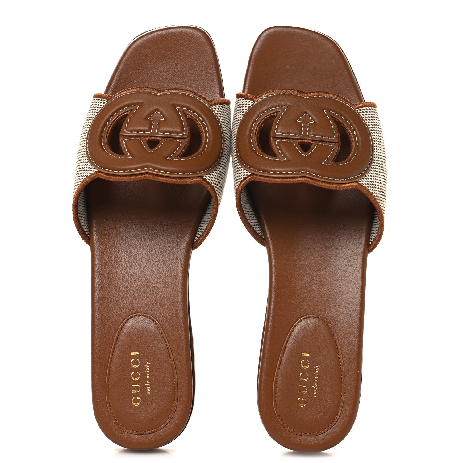 Gucci Canvas Rice Cosmos Softy Calfskin Interlocking G Cut Out Slide Sandals 38 Brown Natural Sundial 2 of 9