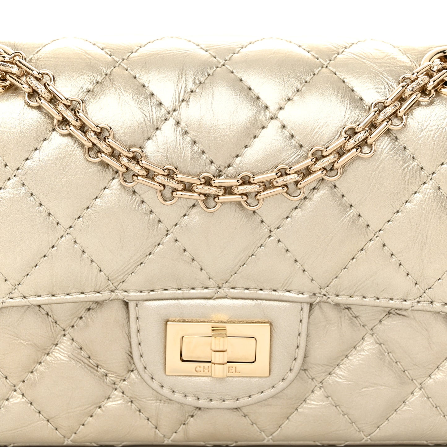 Metallic Aged Calfskin Quilted 2.55 Reissue Mini Flap Light Gold