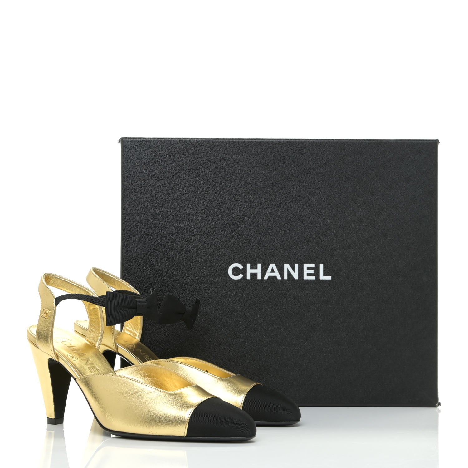 Chanel Laminated Lambskin Grosgrain Cap Toe CC Pumps 36 Gold Black 14 of 14