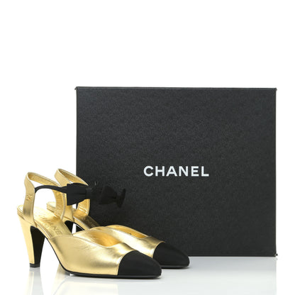 Chanel Laminated Lambskin Grosgrain Cap Toe CC Pumps 36 Gold Black 14 of 14