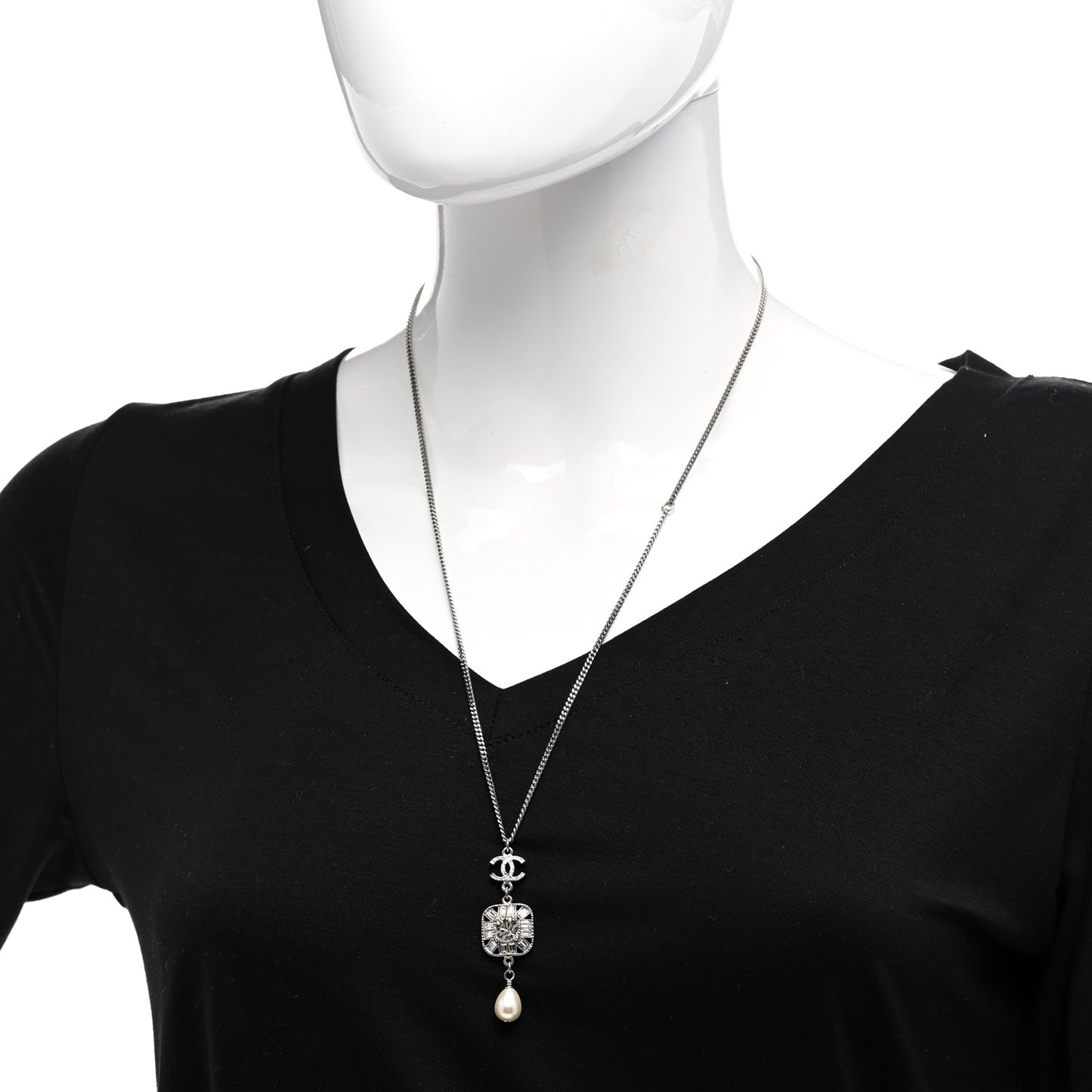 Crystal Baguette Pearl CC Necklace Silver