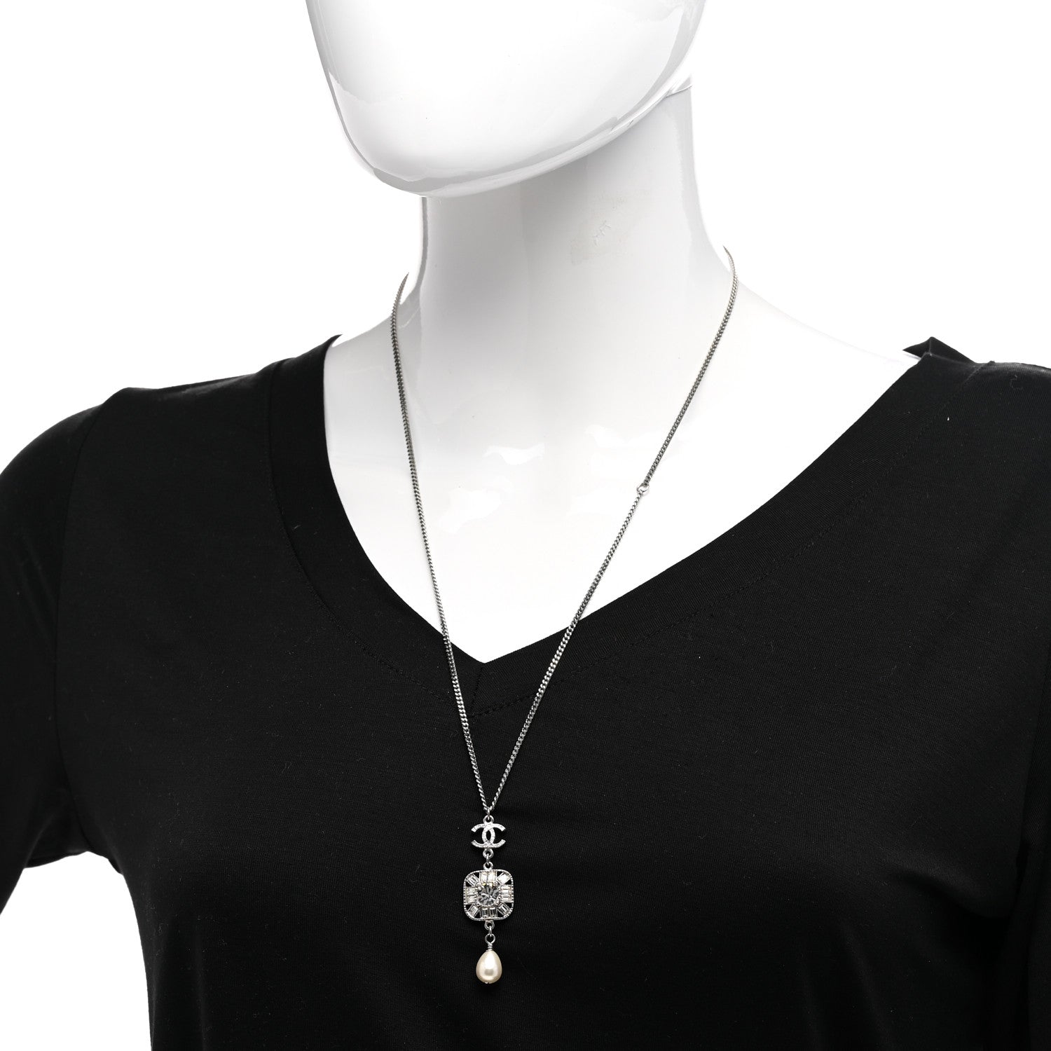 Chanel Crystal Baguette Pearl CC Necklace Silver 2 of 6