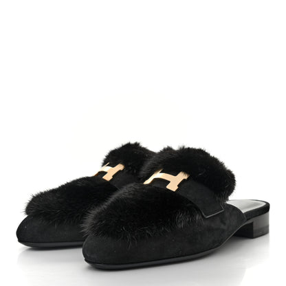 Hermes Mink Fur Suede Goatskin Trocadero Mule 35 Black 3 of 7
