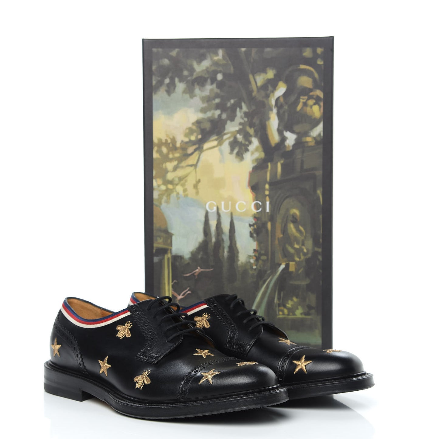 Calfskin Bee Star Embroidered Mens Captoe Derby Loafers 8 Black