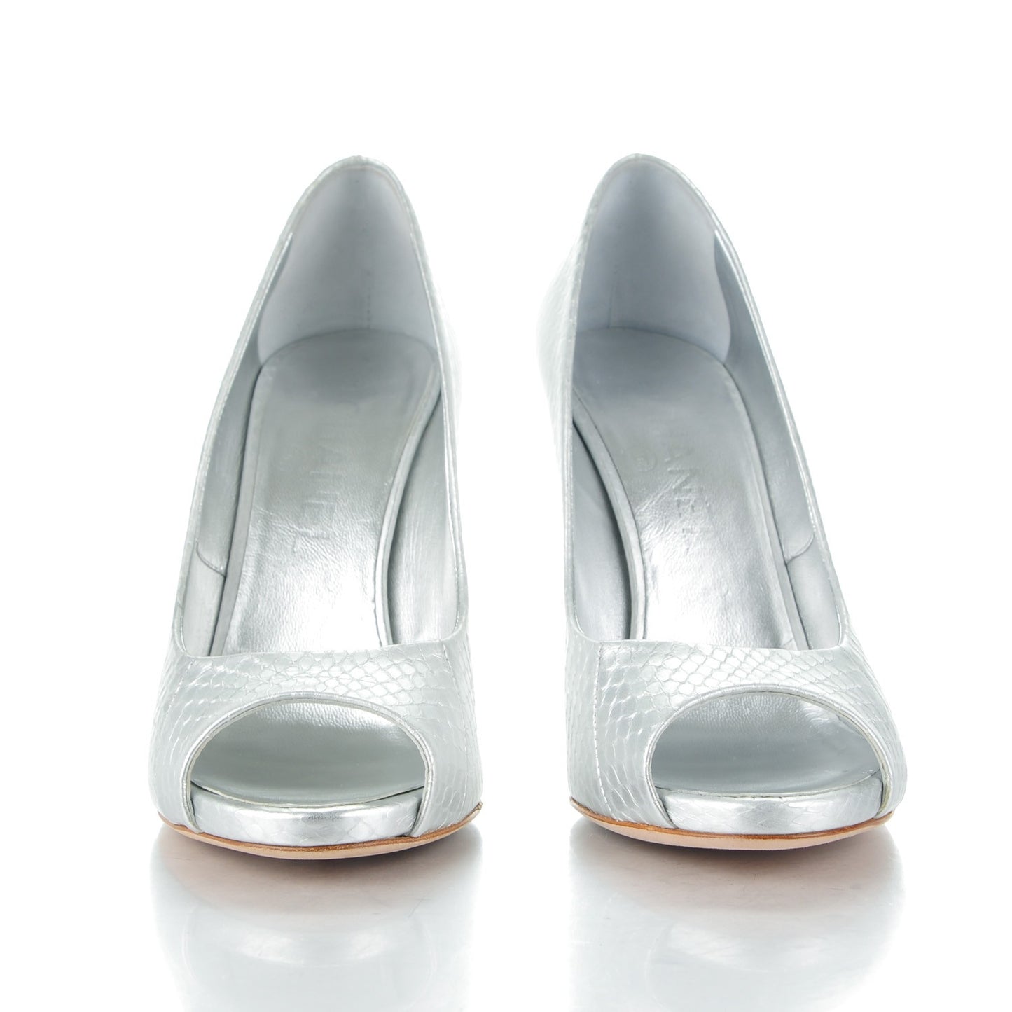 Patent Snakeskin Pearl Peep Toe Pumps 38 Silver
