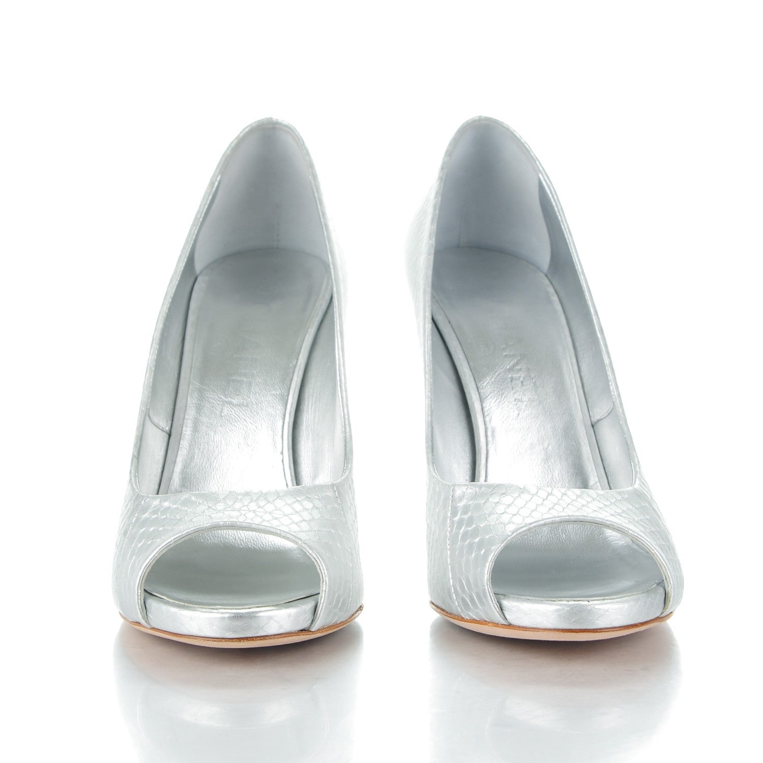 Chanel Patent Snakeskin Pearl Peep Toe Pumps 38 Silver 2 of 9