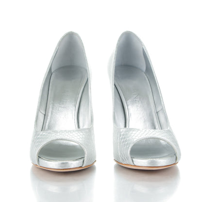Chanel Patent Snakeskin Pearl Peep Toe Pumps 38 Silver 2 of 9