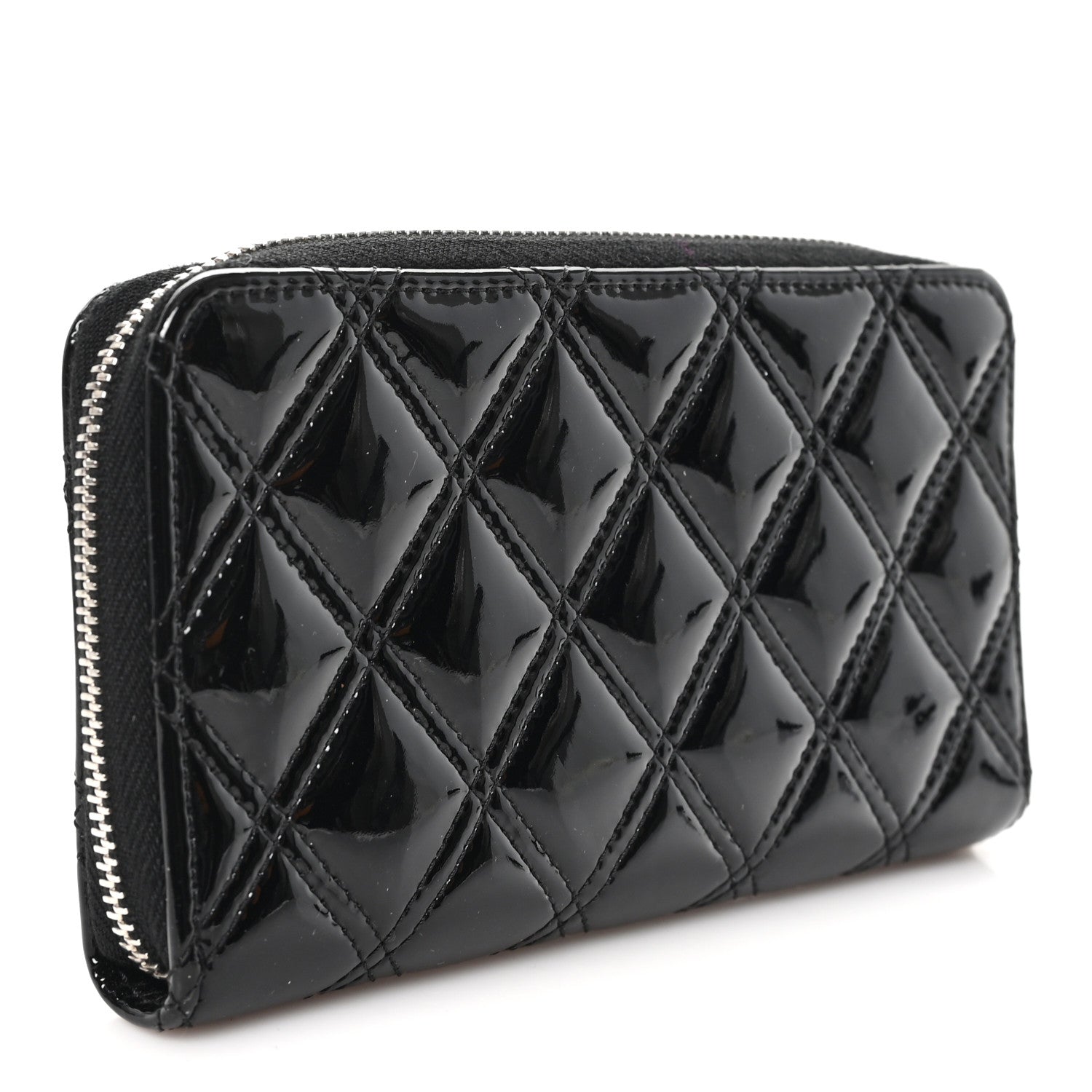 Chanel Patent Quilted Double Stitched Zip Around Wallet Black