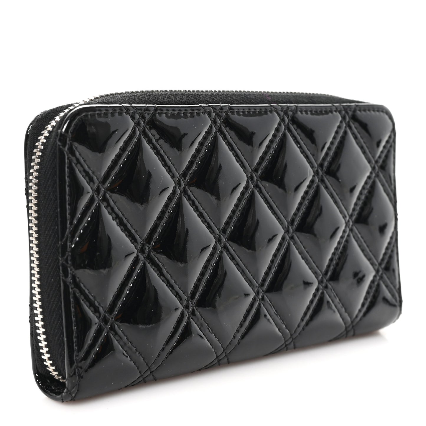 Patent Quilted Double Stitched Zip Around Wallet Black