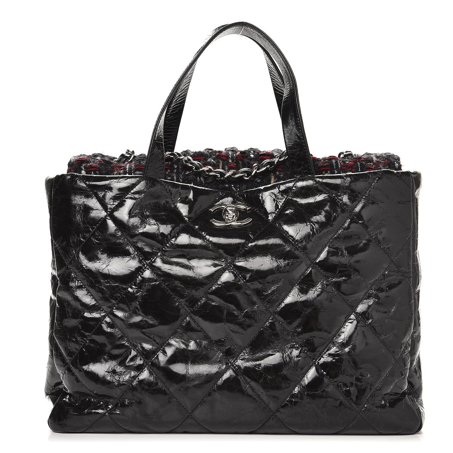 Chanel Glazed Calfskin Quilted Tweed Portobello Tote Black Red 1 of 7