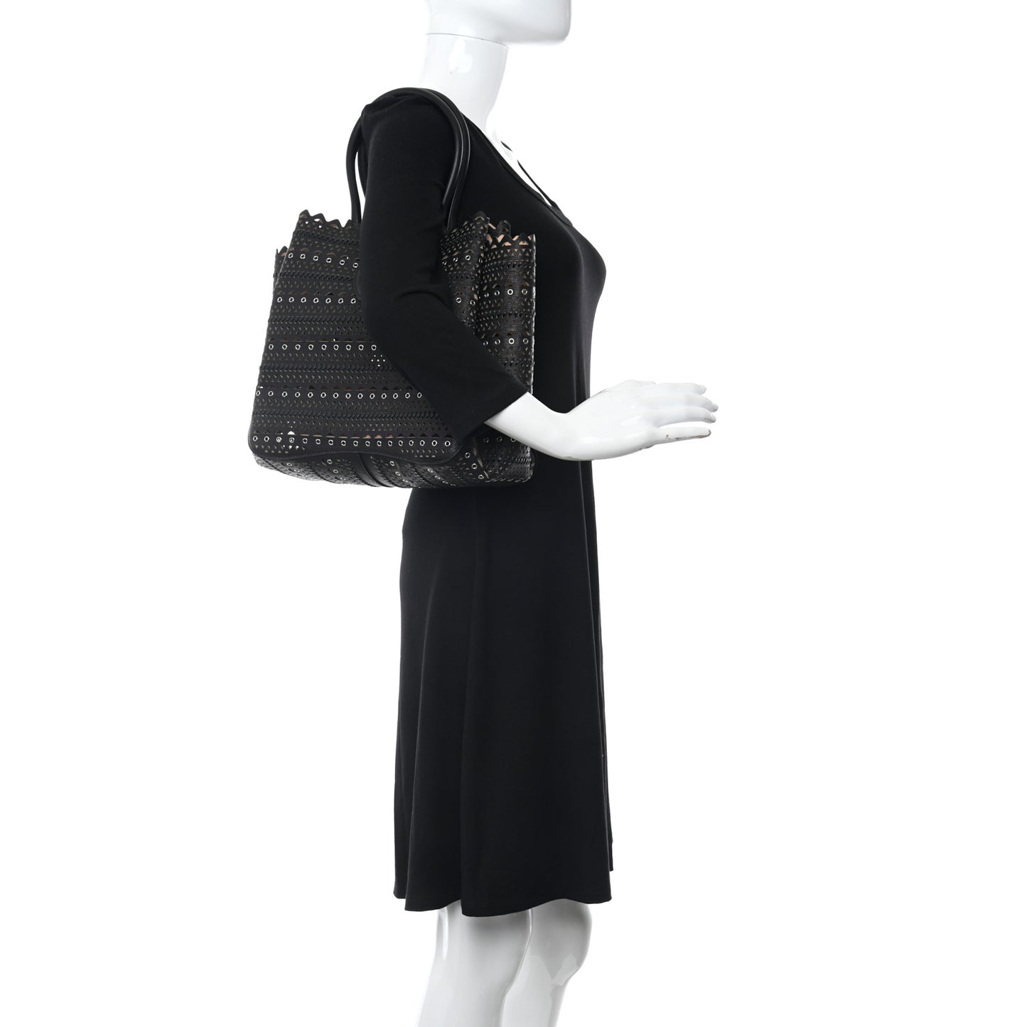 Calfskin Laser Cut Grommet Angele 25 Tote Black