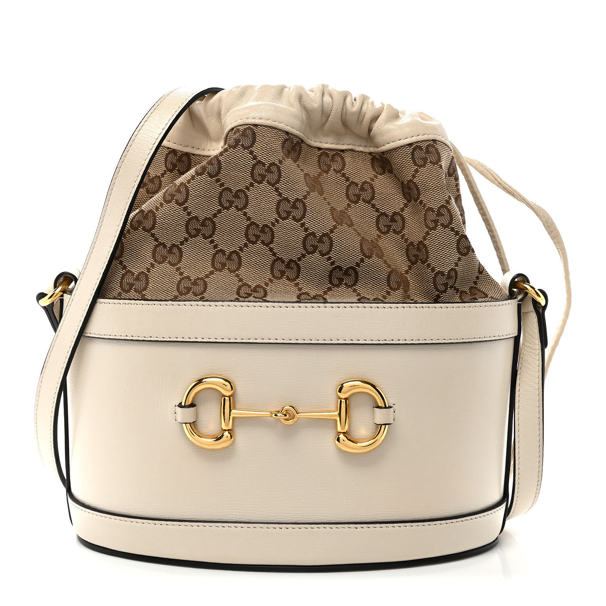 Gucci Monogram Textured Calfskin Horsebit 1955 Drawstring Bucket Bag Beige Mystic White 1 of 10