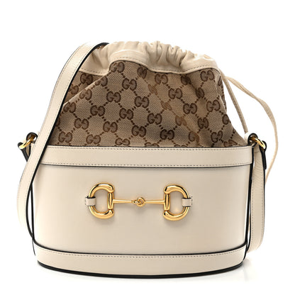 Gucci Monogram Textured Calfskin Horsebit 1955 Drawstring Bucket Bag Beige Mystic White 1 of 10