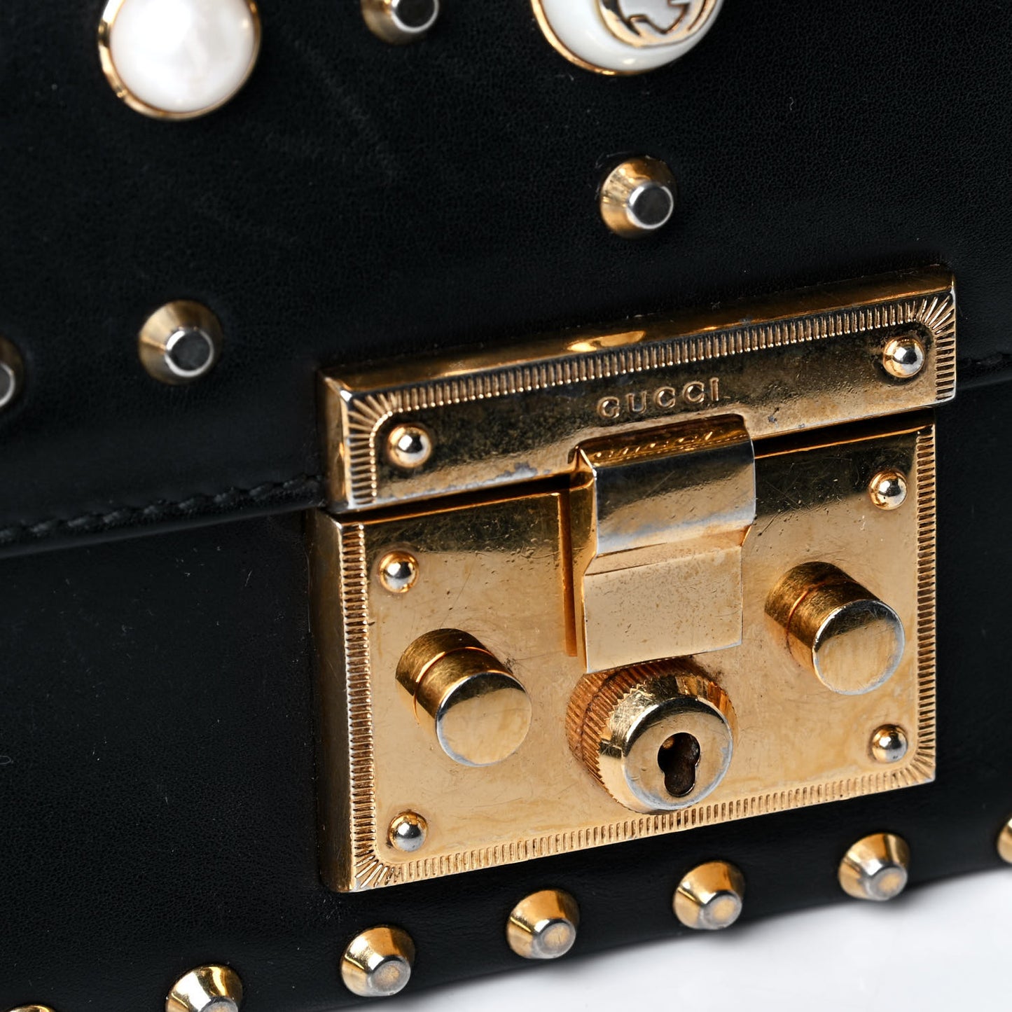 Calfskin Studded Small Padlock Shoulder Bag Black