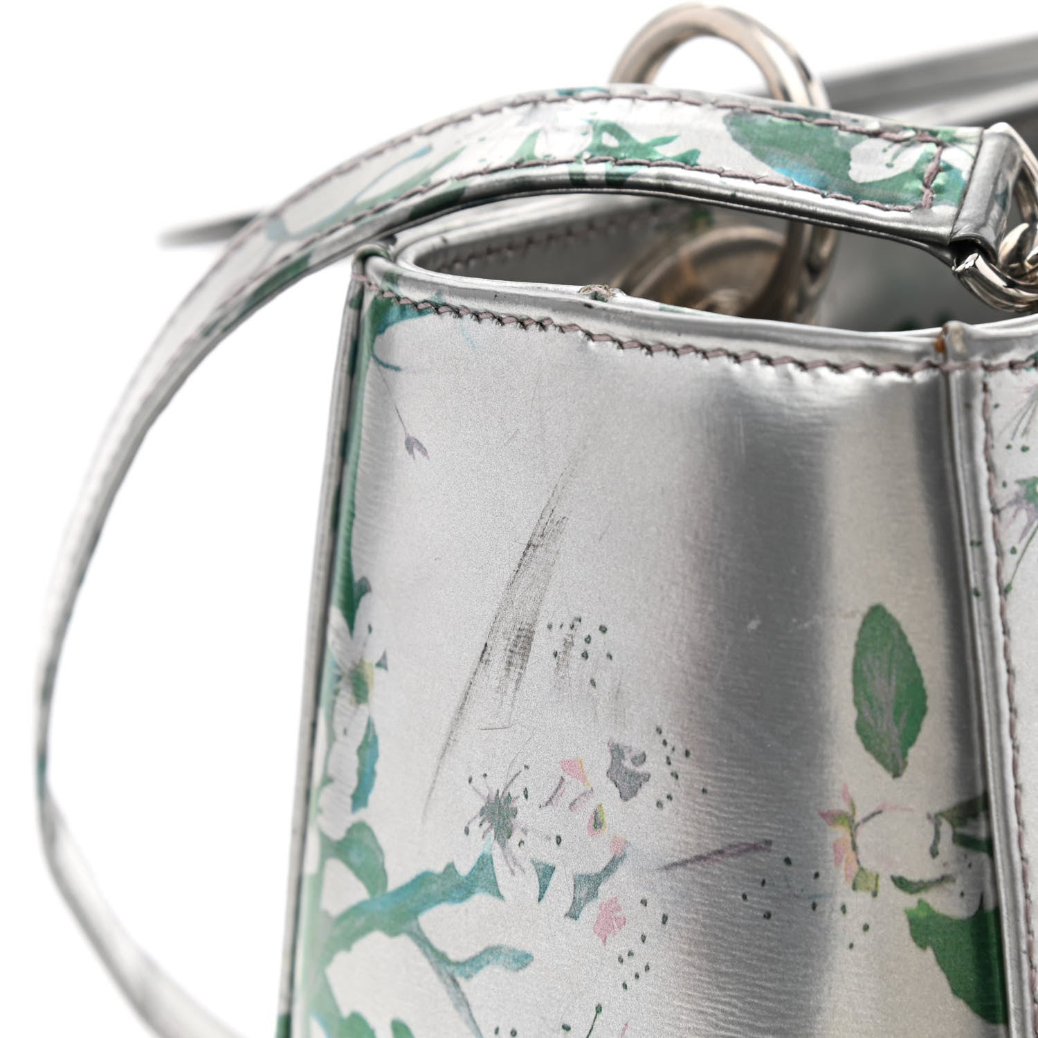 Christian Dior Metallic Patent Floral Printed Medium Lady Dior 12 of 15