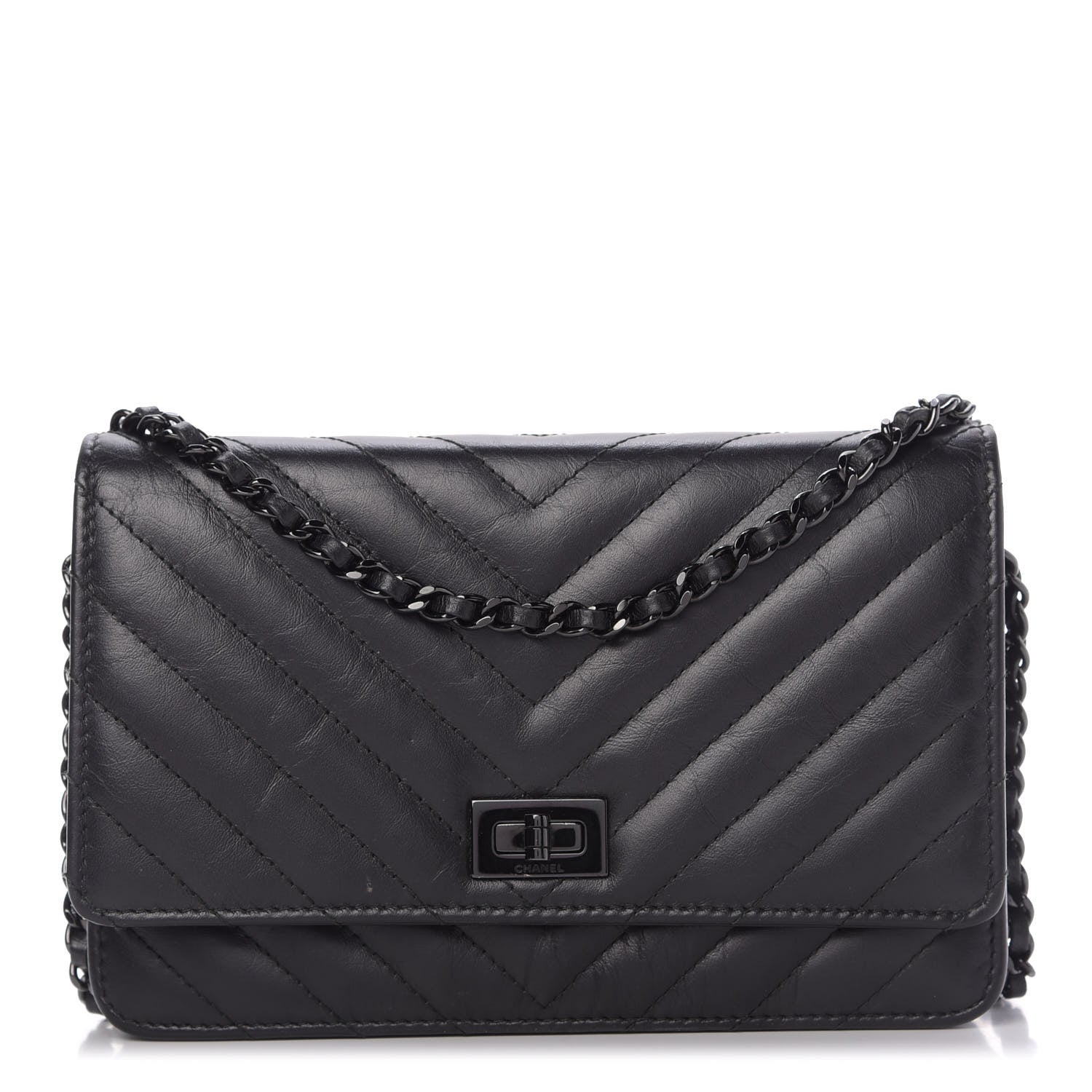 Chanel Aged Calfskin Chevron Quilted Reissue Wallet On Chain WOC So Black 1 of 10
