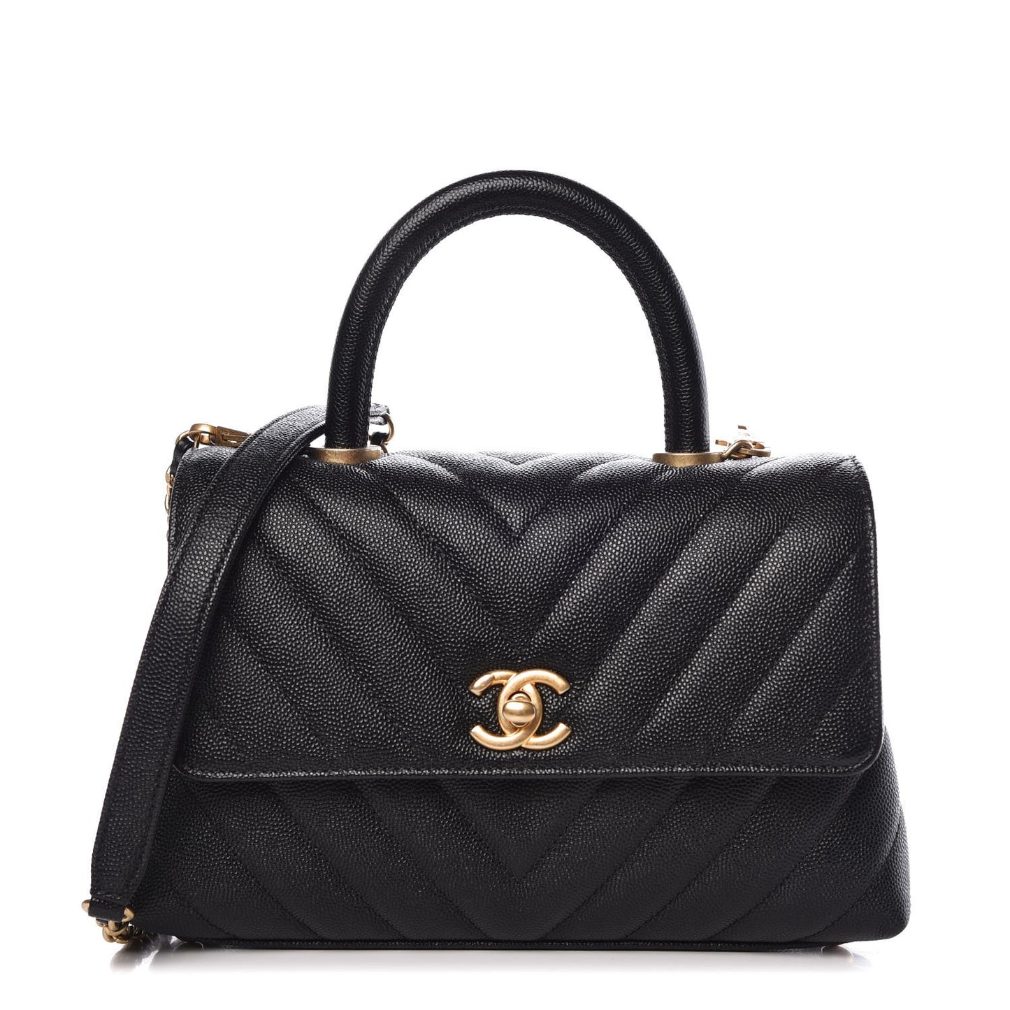 Caviar Chevron Quilted Mini Coco Handle Flap Black