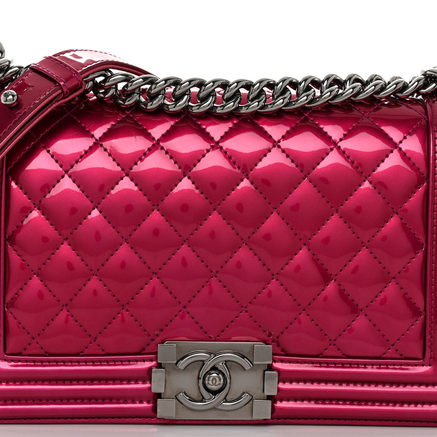 Metallic Patent Calfskin Quilted Medium Boy Flap Pink