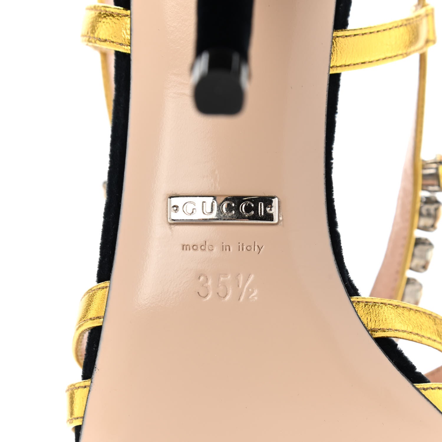 Gucci Velvet Nappa Crystal Zephyra Slingback Platform High Heel Sandals 35.5 Black Gold 7 of 7