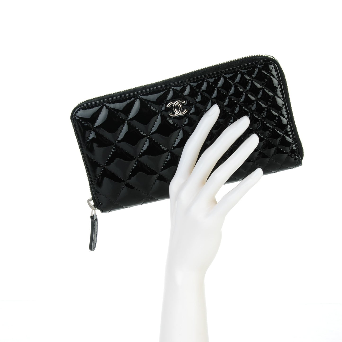 Patent Double Quilted Zip Around Wallet Black