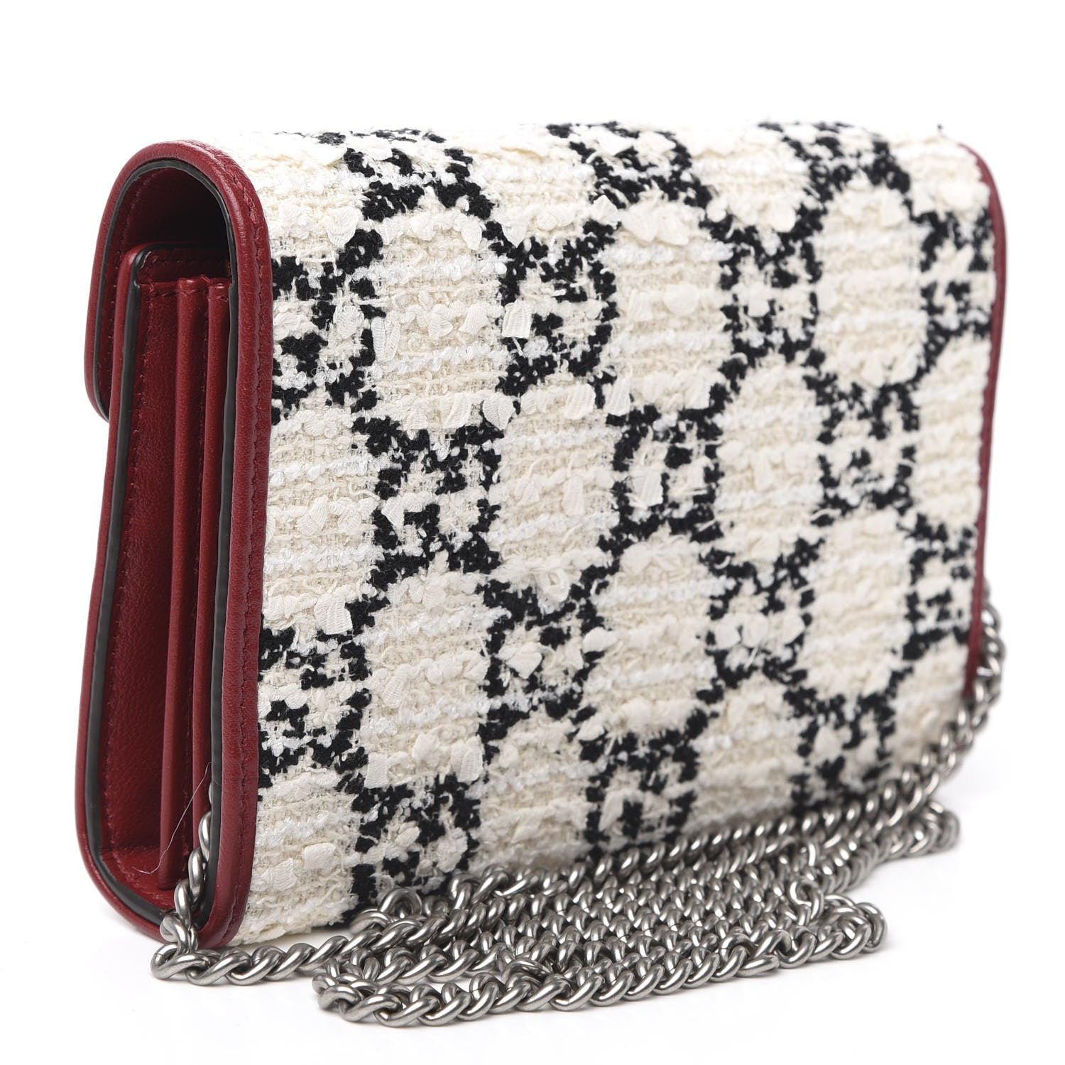 Gucci Tweed GG Monogram Mini Dionysus Chain Wallet White Black Romantic Cherry 3 of 10