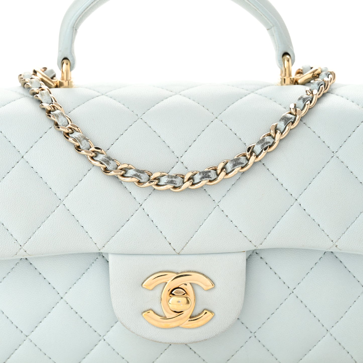 Lambskin Quilted Mini Top Handle Rectangular Flap Light Blue