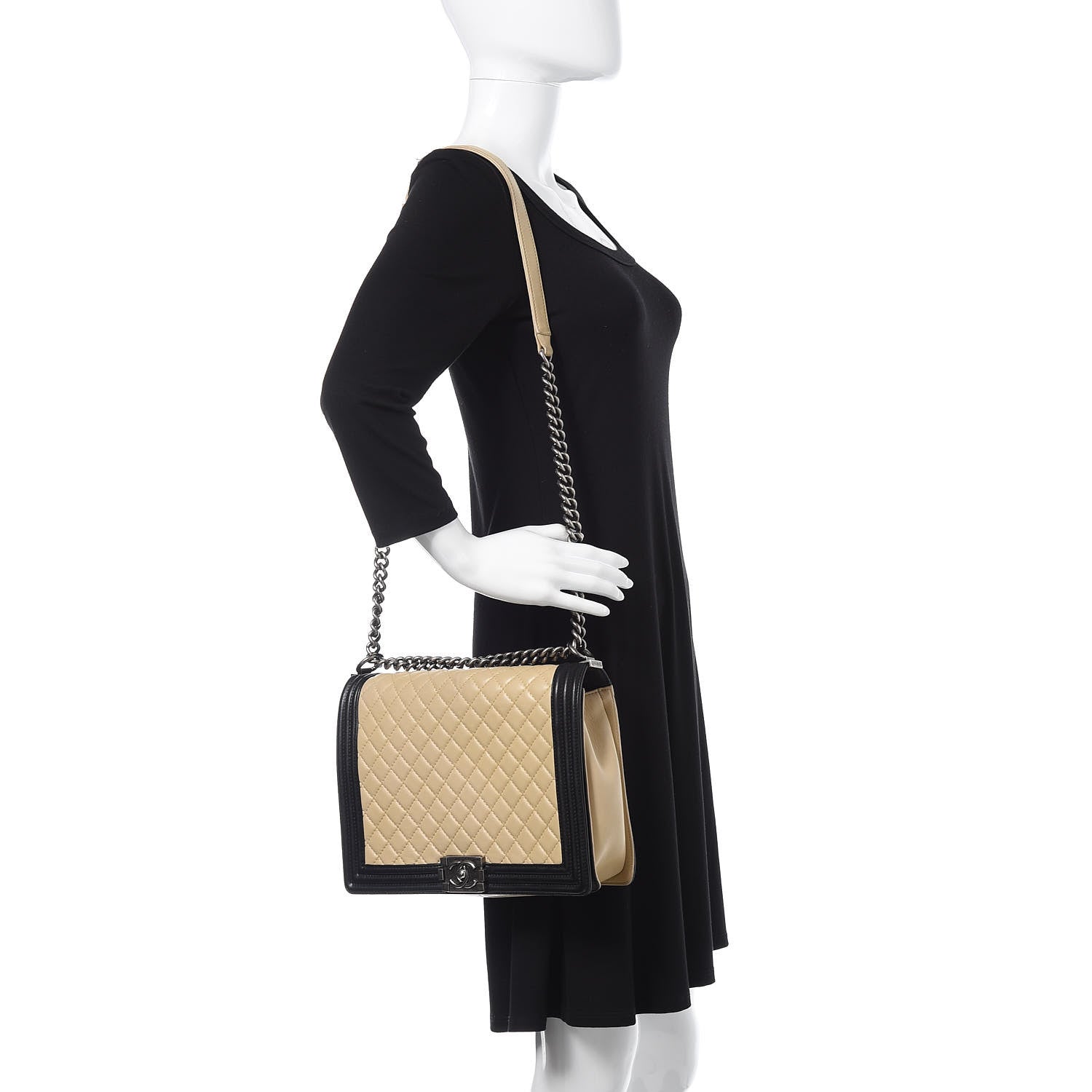 Chanel Lambskin Quilted Large Boy Flap Beige Black 2 of 21
