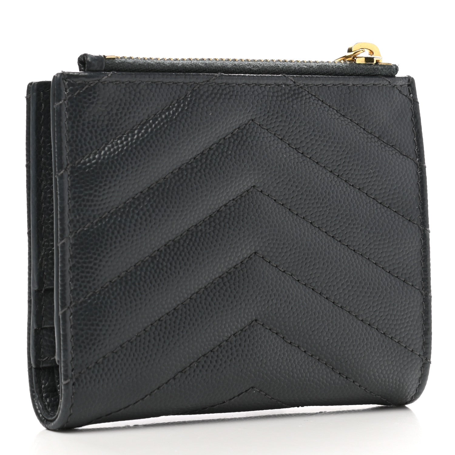 Saint Laurent Grain De Poudre Matelasse Chevron Monogram Zipped Card Case Dark Smog 3 of 8